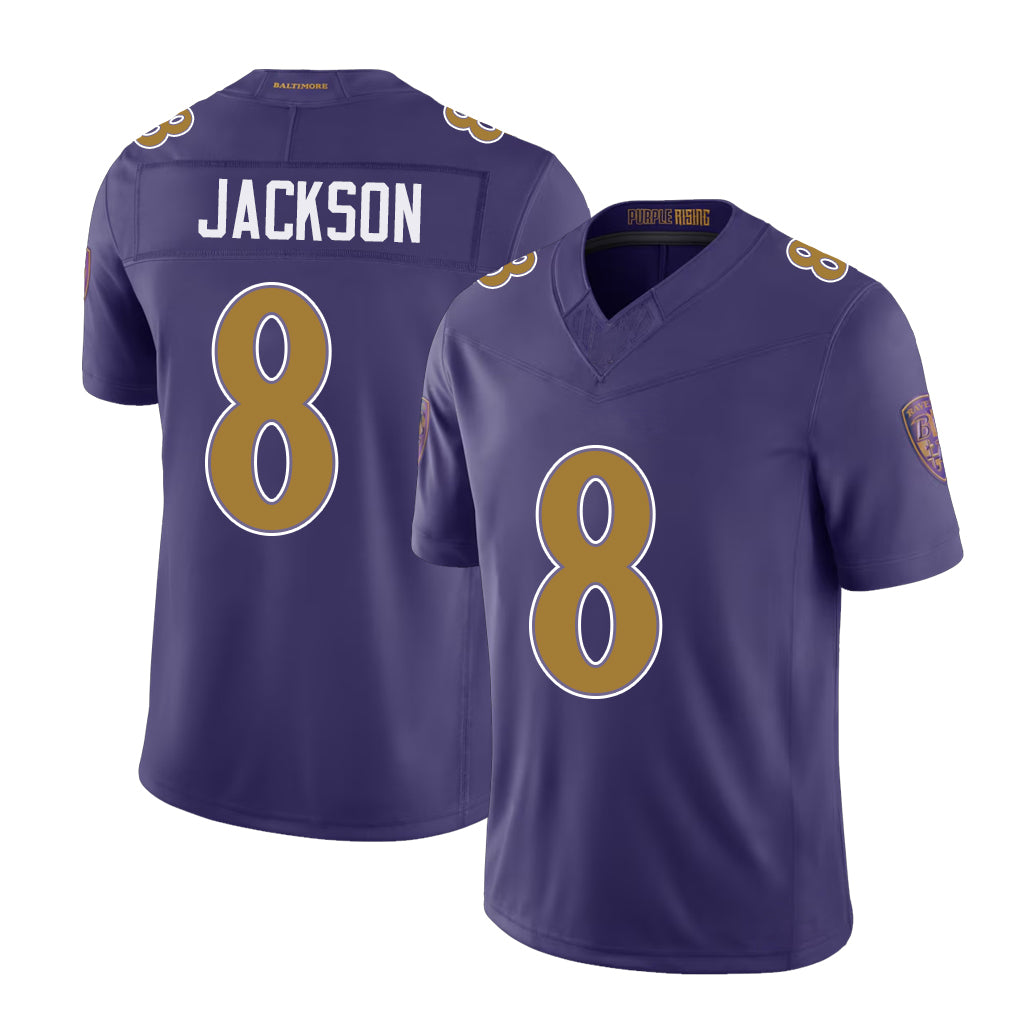 Baltimore #8 Jackson Player Football V Neck Short Sleeve Purple Jersey Lamar For Men Youth Women Gift
