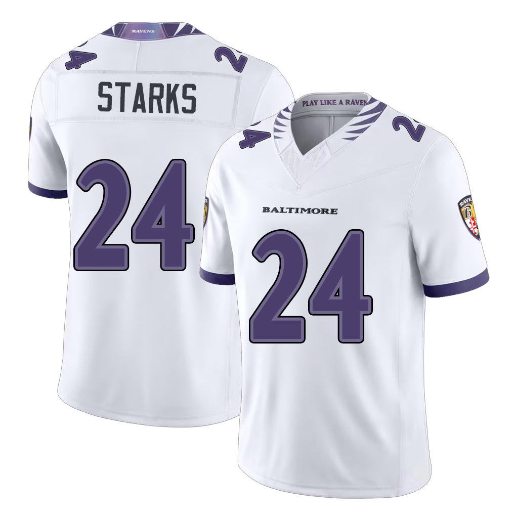 Baltimore #24 Starks Player Football V Neck Short Sleeve White Malaki For Men Youth Women Gift