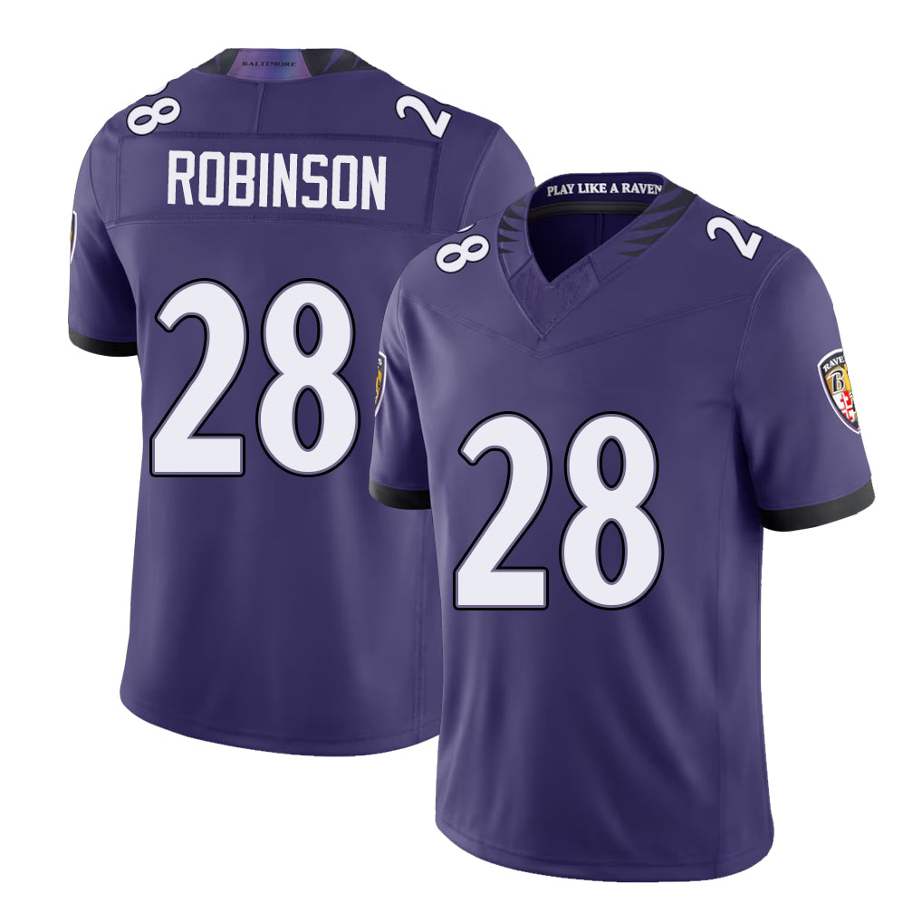 Baltimore #28 Robinson Player Football V Neck Short Sleeve Purple Jersey Marquise For Men Youth Women Gift