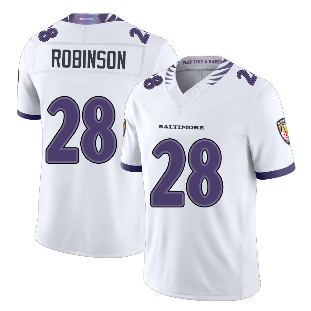 Baltimore #28 Robinson Player Football V Neck Short Sleeve White Marquise For Men Youth Women Gift