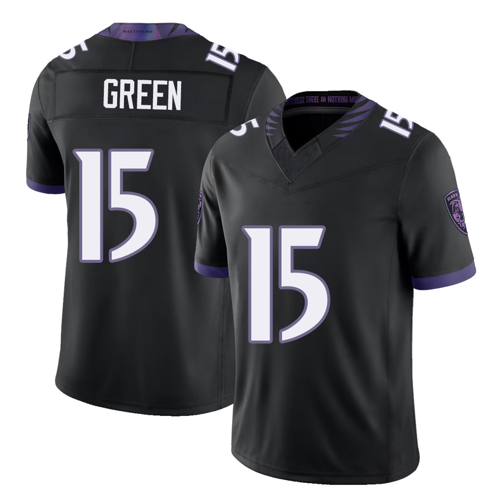 Baltimore #15 Green Player Football V Neck Short Sleeve Black Jersey Mike For Men Youth Women Gift