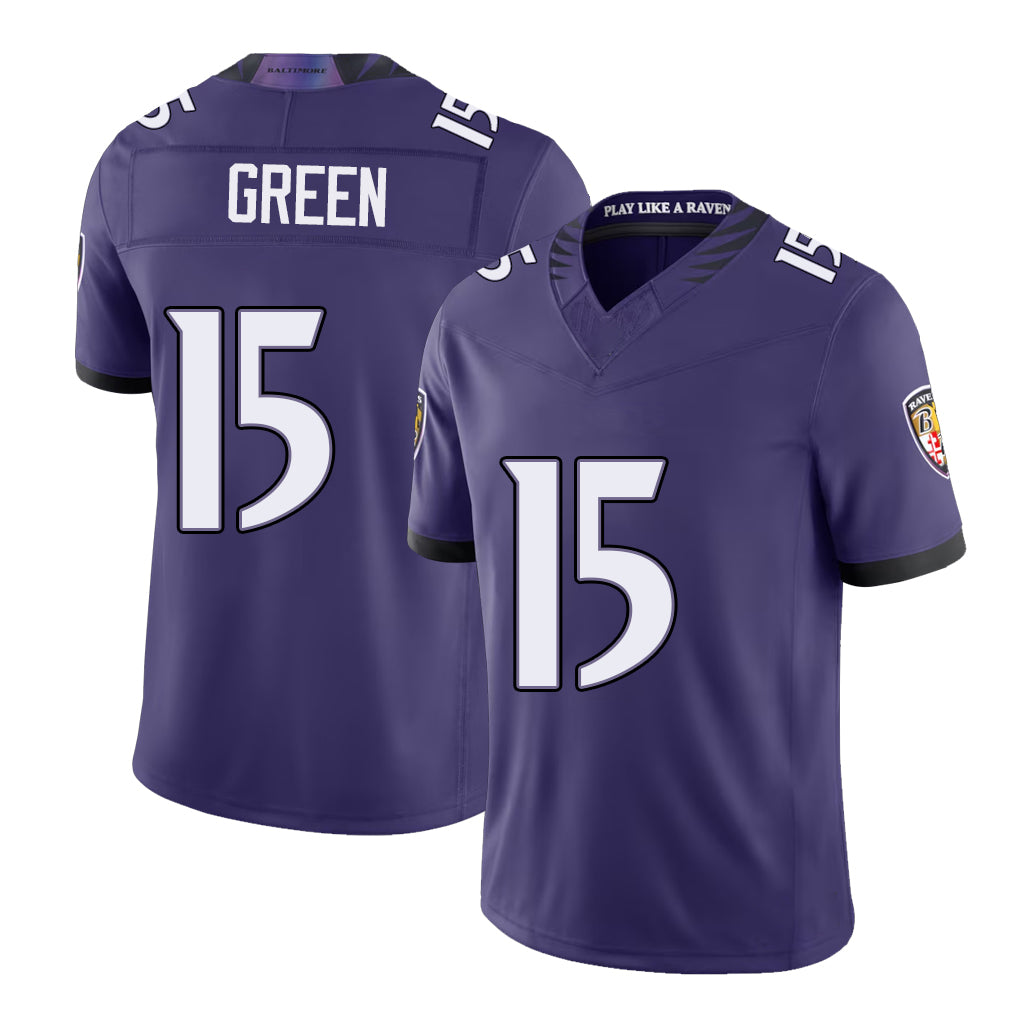 Baltimore #15 Green Player Football V Neck Short Sleeve Purple Jersey Mike For Men Youth Women Gift