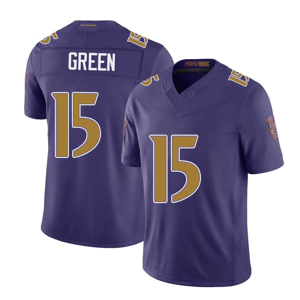 Baltimore #15 Green Player Football V Neck Short Sleeve Purple Jersey Mike For Men Youth Women Gift