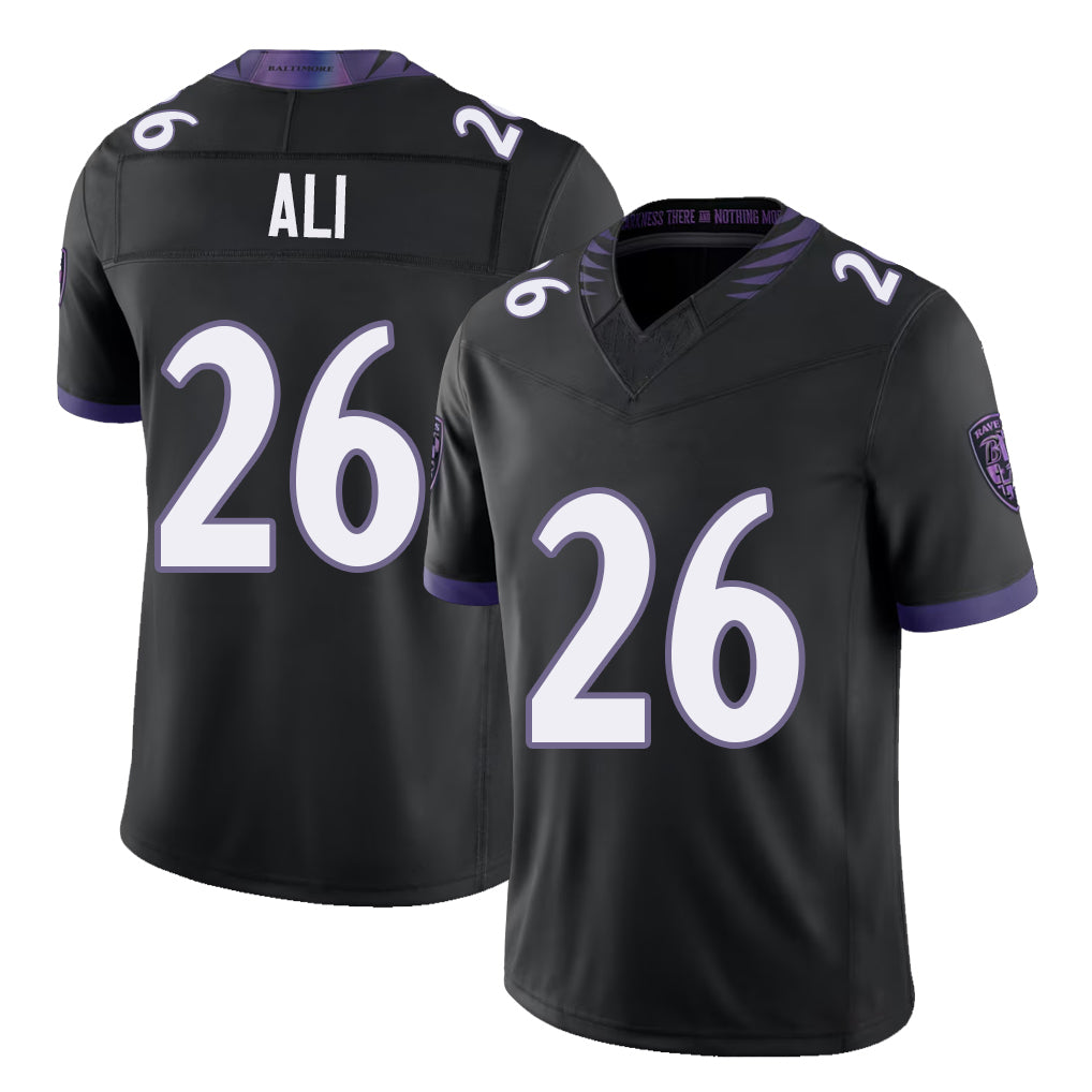 Baltimore #26 Ali Player Football V Neck Short Sleeve Black Jersey Rasheen For Men Youth Women Gift