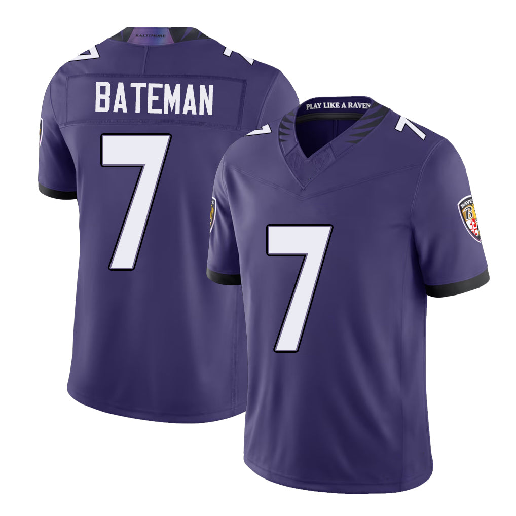 Baltimore #7 Bateman Player Football V Neck Short Sleeve Purple Jersey Rashod For Men Youth Women Gift