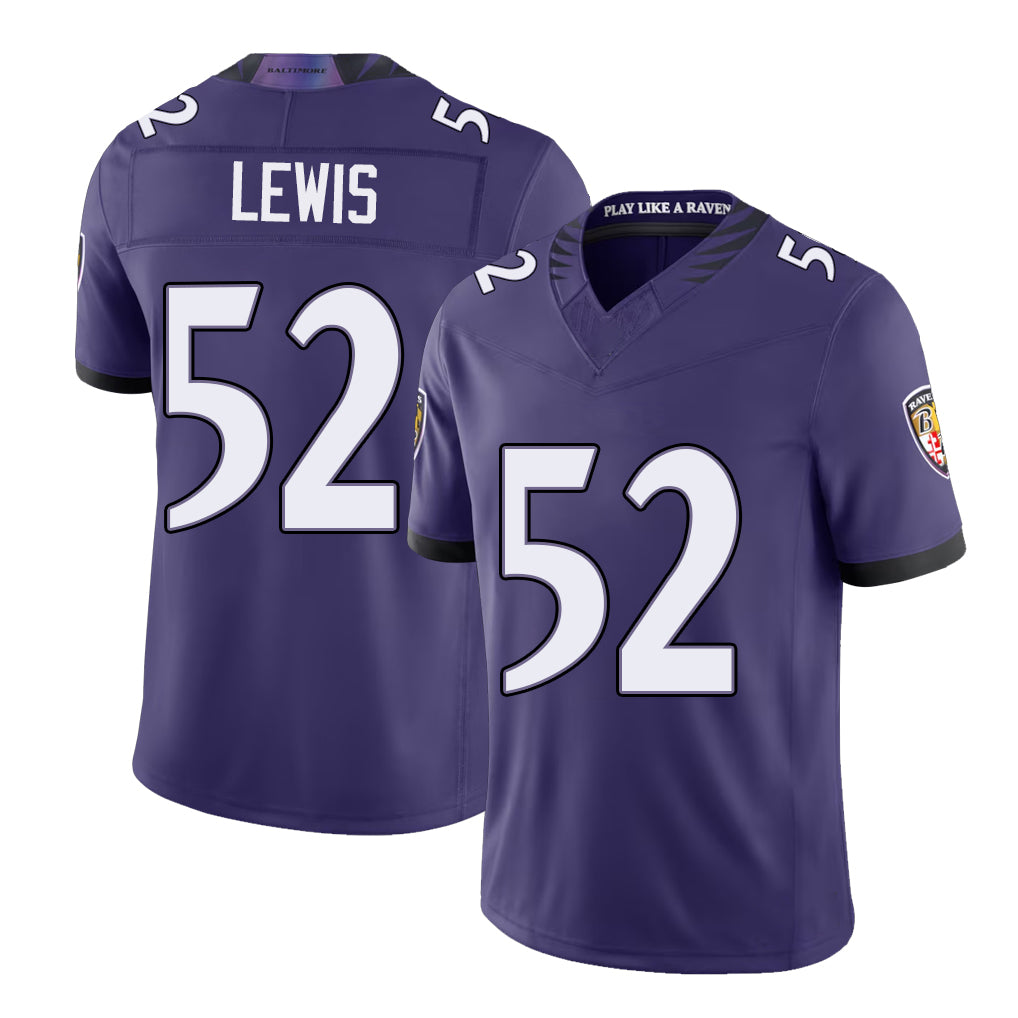 Baltimore #52 Lewis Player Football V Neck Short Sleeve Purple Jersey Ray For Men Youth Women Gift