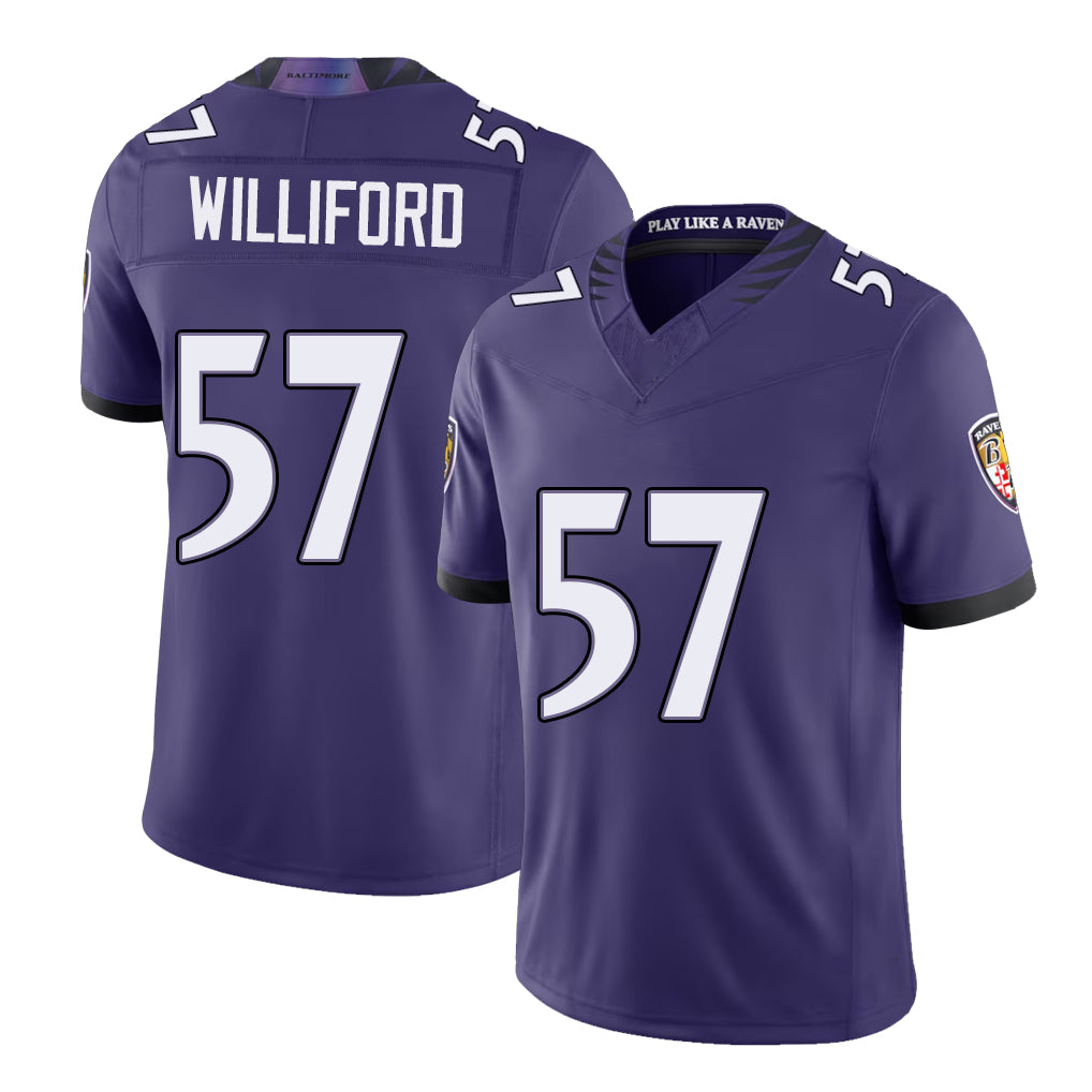Baltimore #57 Williford Player Football V Neck Short Sleeve Purple Jersey Reid For Men Youth Women Gift