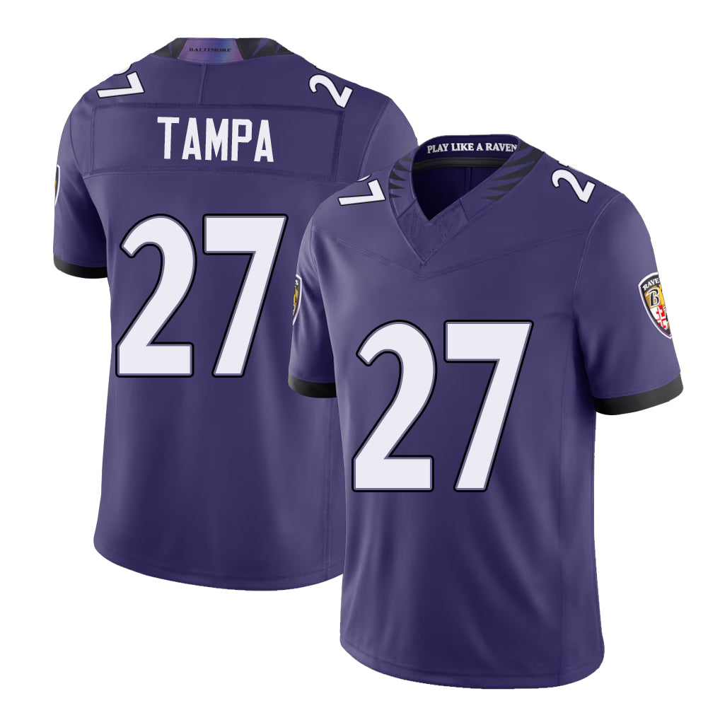 Baltimore #27 Tampa Player Football V Neck Short Sleeve Purple Jersey T.J. For Men Youth Women Gift
