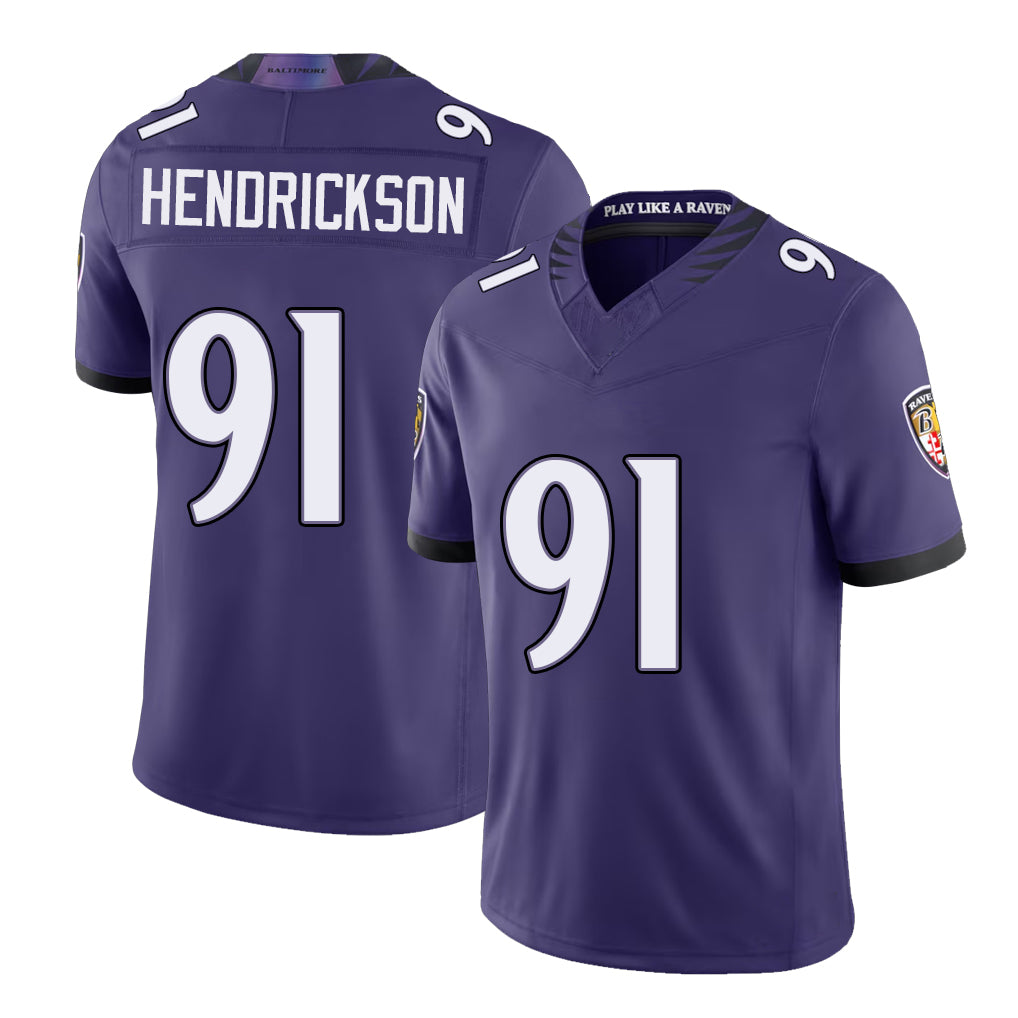 Baltimore #91 Hendrickson Player Football V Neck Short Sleeve Purple Jersey Trey For Men Youth Women Gift