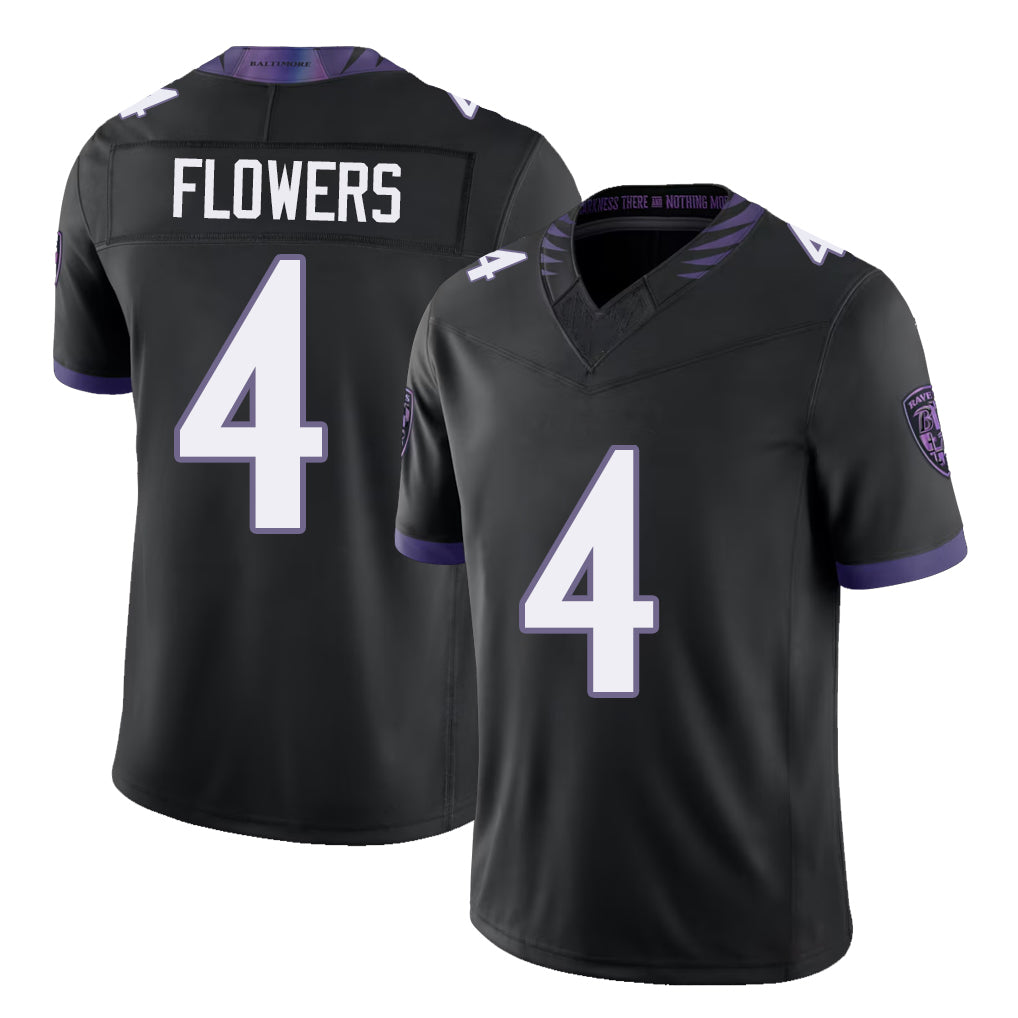 Baltimore #4 Flowers Player Football V Neck Short Sleeve Black Jersey Zay For Men Youth Women Gift