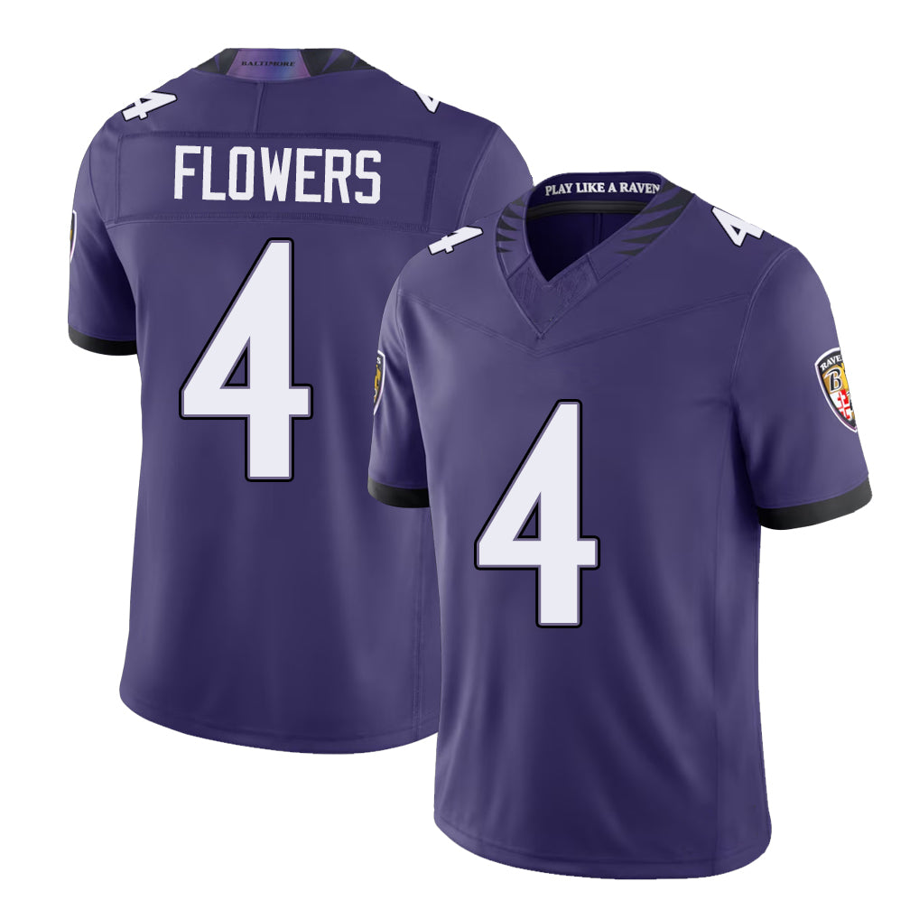 Baltimore #4 Flowers Player Football V Neck Short Sleeve Purple Jersey Zay For Men Youth Women Gift