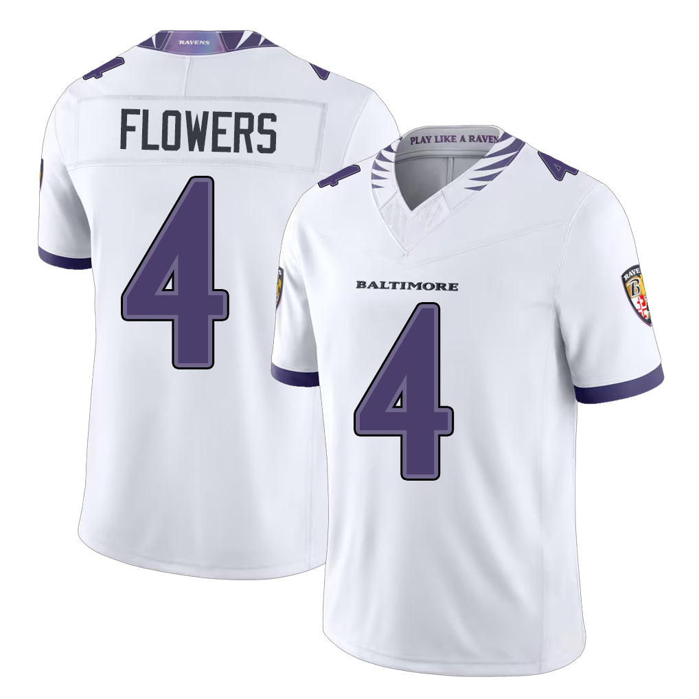 Baltimore #4 Flowers Player Football V Neck Short Sleeve White Jersey Zay For Men Youth Women Gift