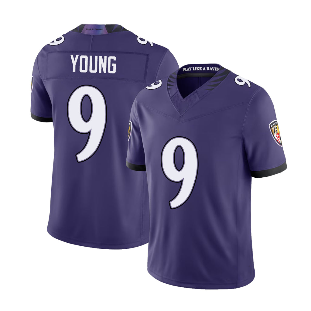 Baltimore #9 Young Player Football V Neck Short Sleeve Purple Jersey Zion For Men Youth Women Gift