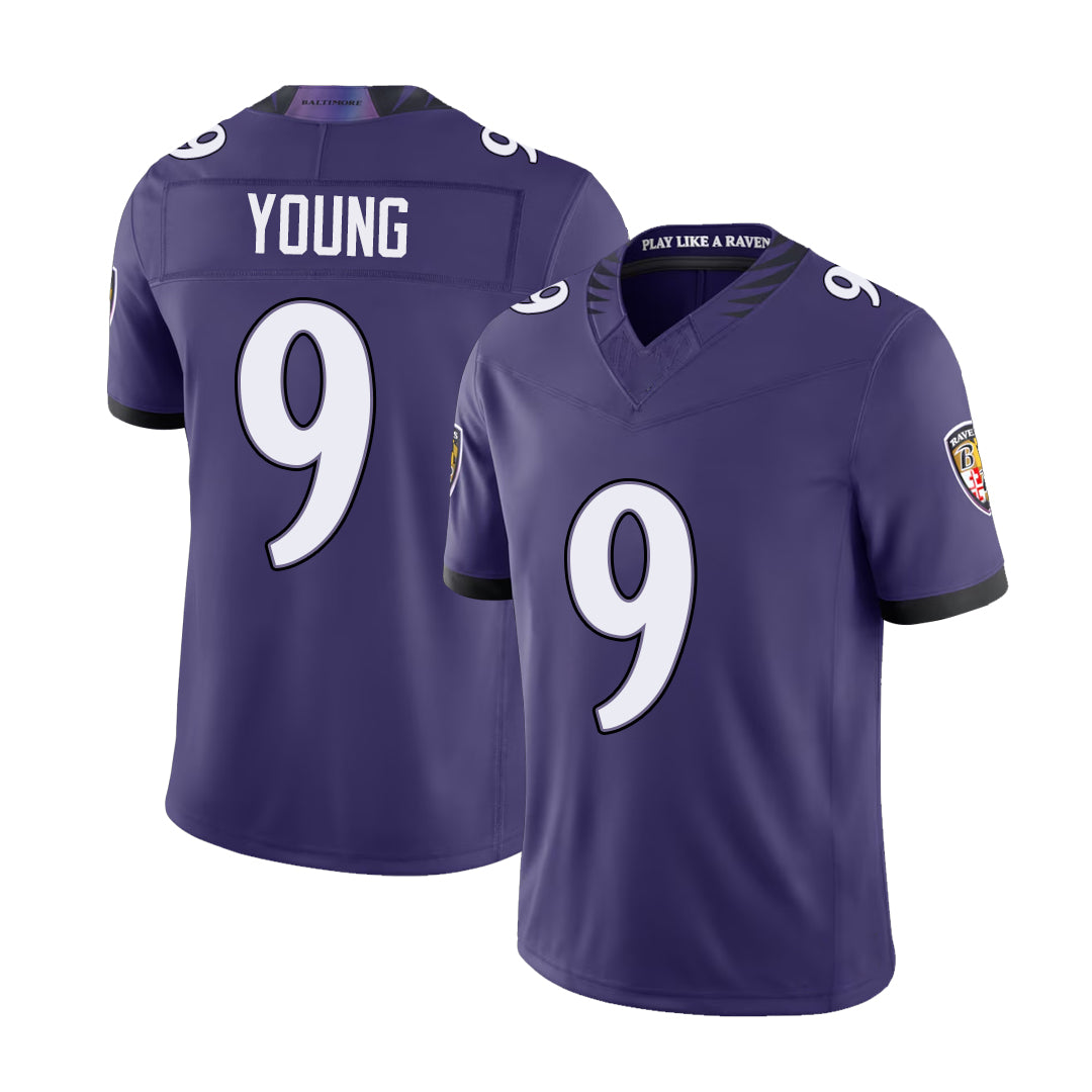 Baltimore #9 Young Player Football V Neck Short Sleeve Purple Jersey Zion For Men Youth Women Gift