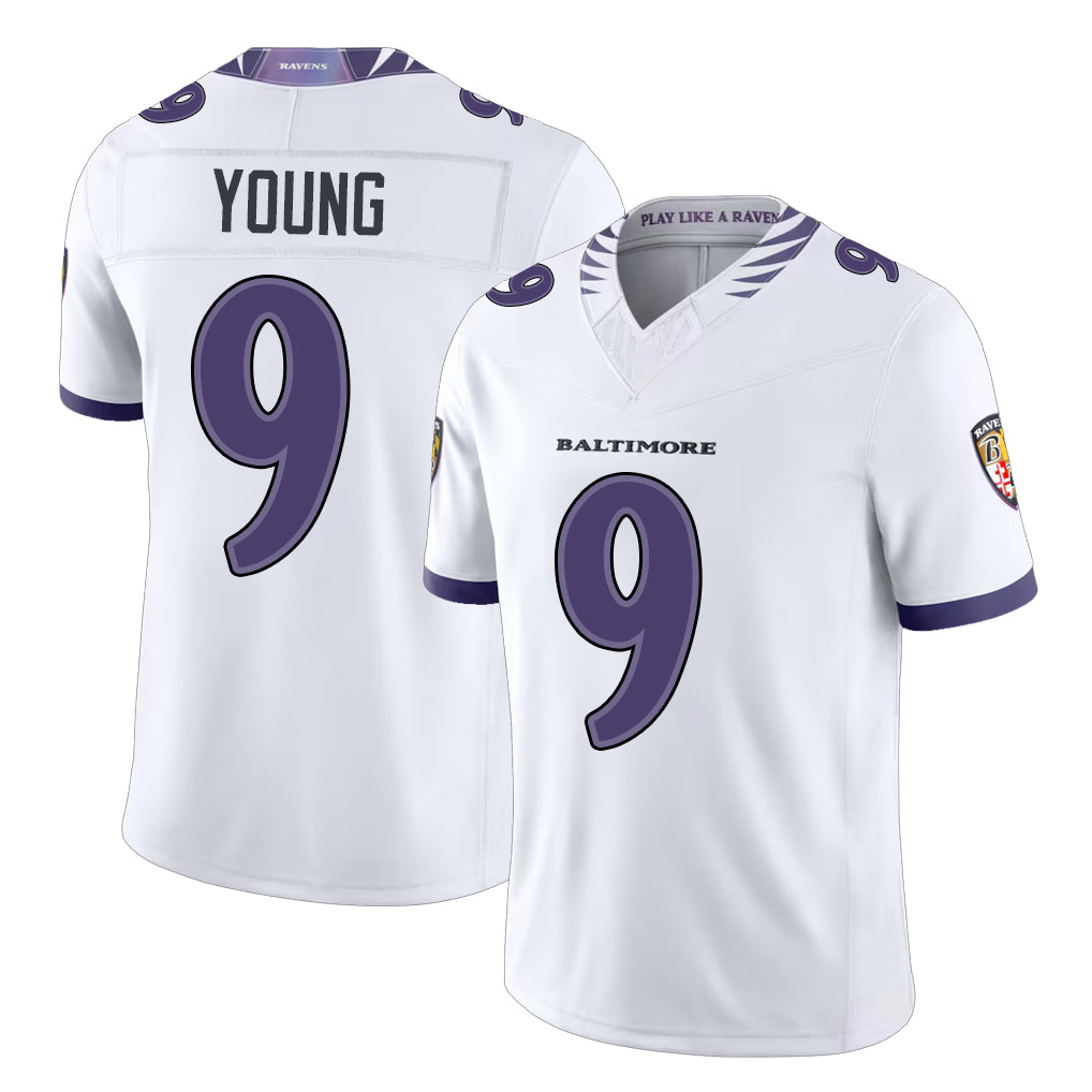 Baltimore #9 Young Player Football V Neck Short Sleeve White Jersey Zion For Men Youth Women Gift