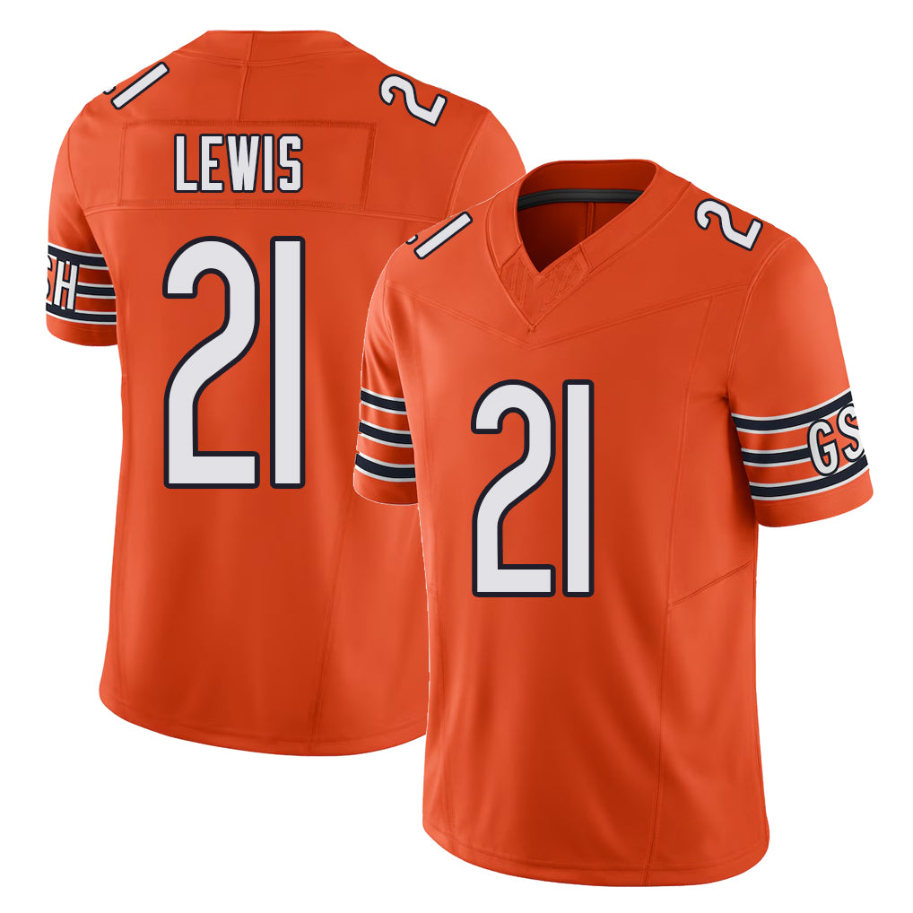 Chicago #21 Cam Football V Neck Short Sleeve Orange Jersey Lewis For Men Youth Women Gift