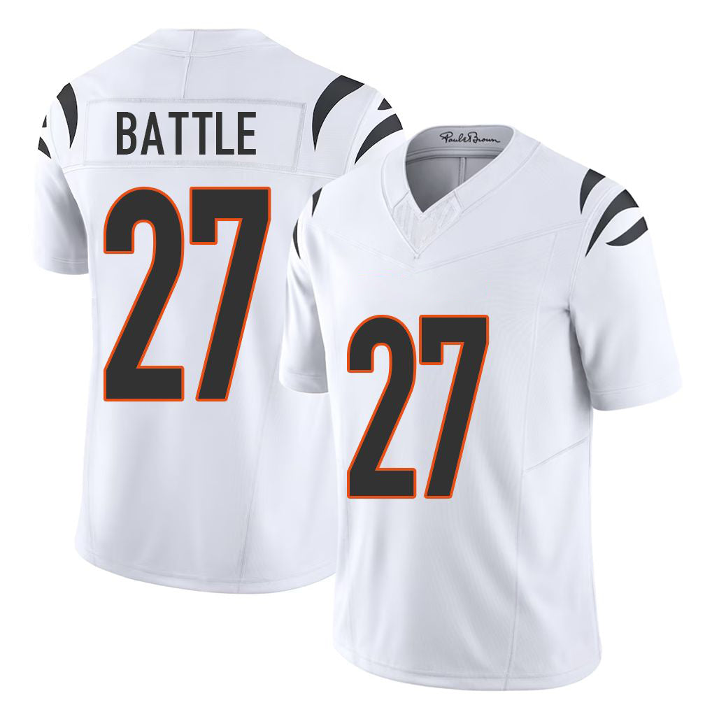 Cincinnati #27 Battle Player Football V Neck Short Sleeve White Jersey Jordan For Men Youth Women Gift