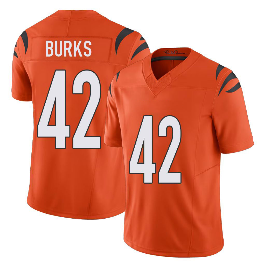 Cincinnati #42 Burks Player Football V Neck Short Sleeve Orange Jersey Oren For Men Youth Women Gift