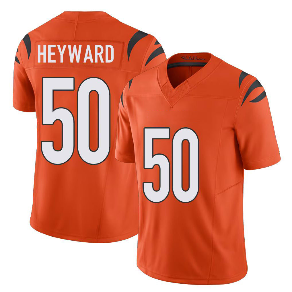 Cincinnati #50 Heyward Player Football V Neck Short Sleeve Orange Jersey Shaka For Men Youth Women Gift