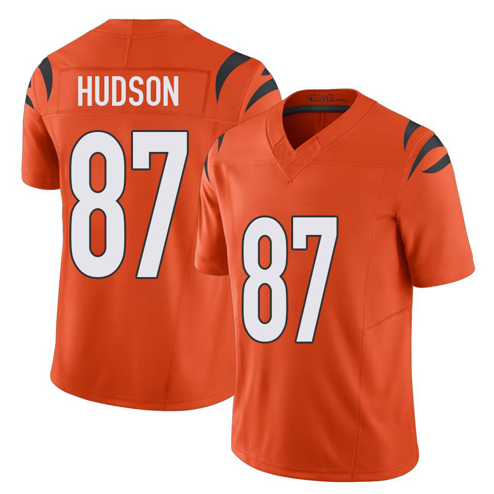 Cincinnati #87 Hudson Player Football V Neck Short Sleeve Orange Jersey Tanner For Men Youth Women Gift