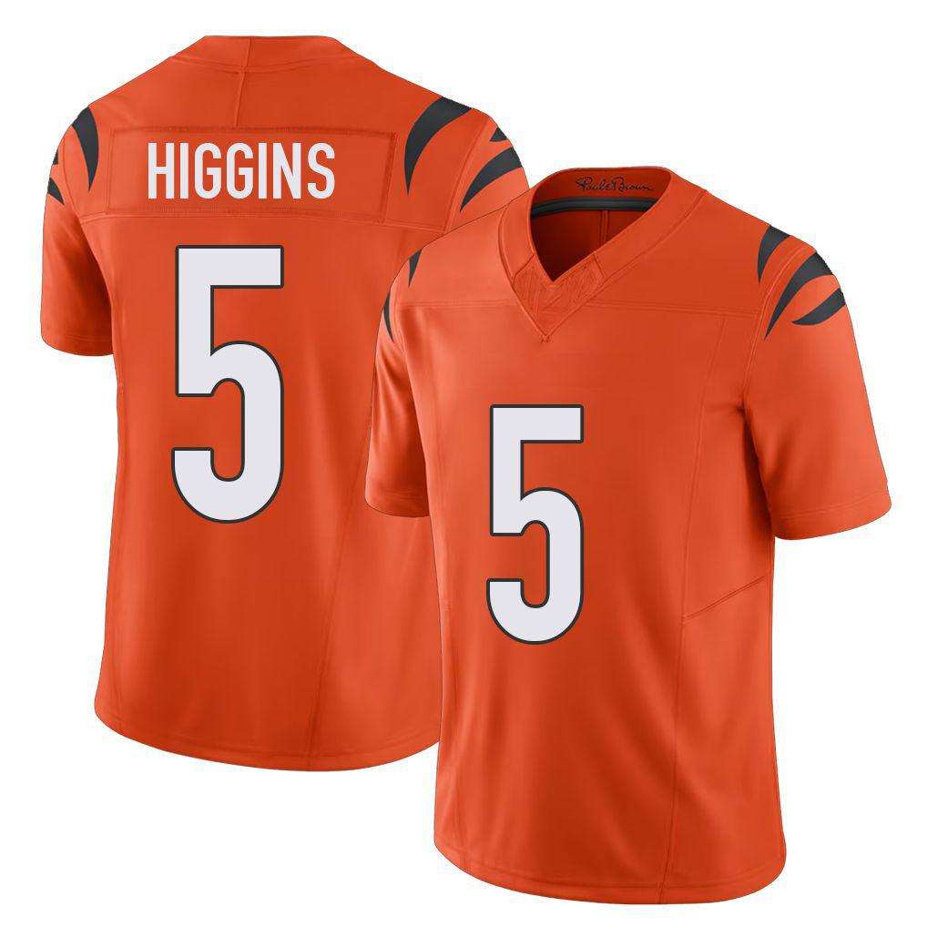 Cincinnati #5 Higgins Player Football V Neck Short Sleeve Orange Jersey Tee For Men Youth Women Gift