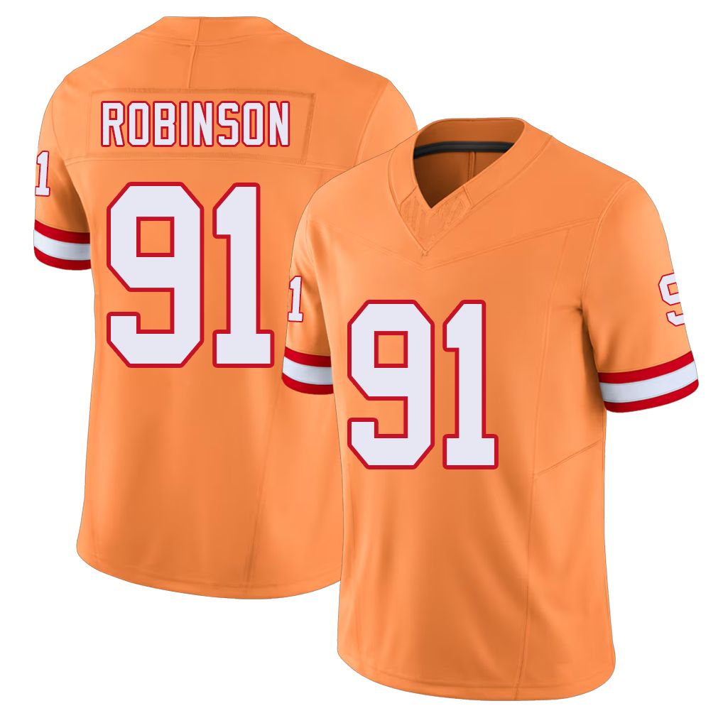 Tampa Bay #91 Robinson Player Football V Neck Short Sleeve Orange Jersey A'Shawn For Men Youth Women Gift