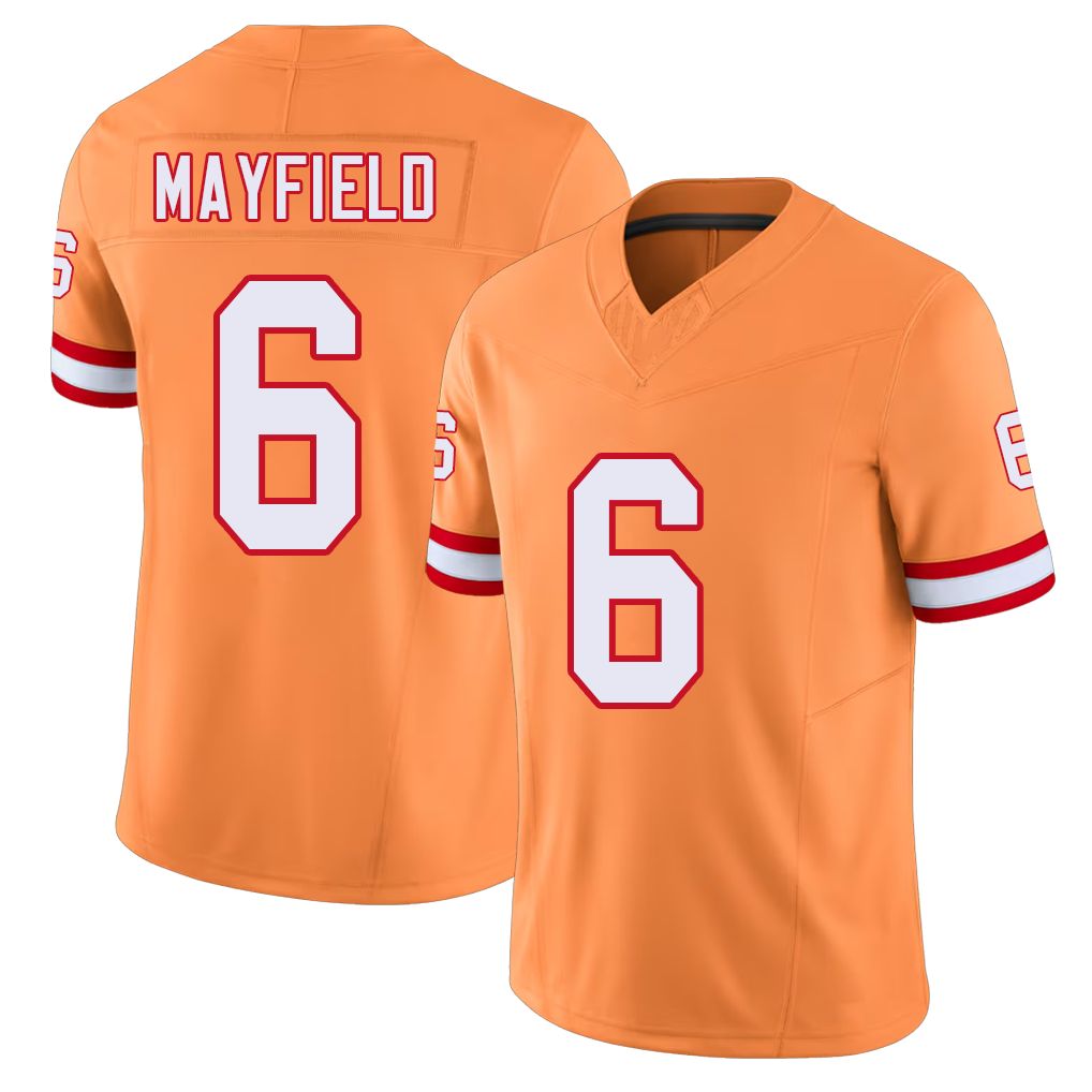Tampa Bay #6 Mayfield Player Football V Neck Short Sleeve Orange Jersey Baker For Men Youth Women Gift