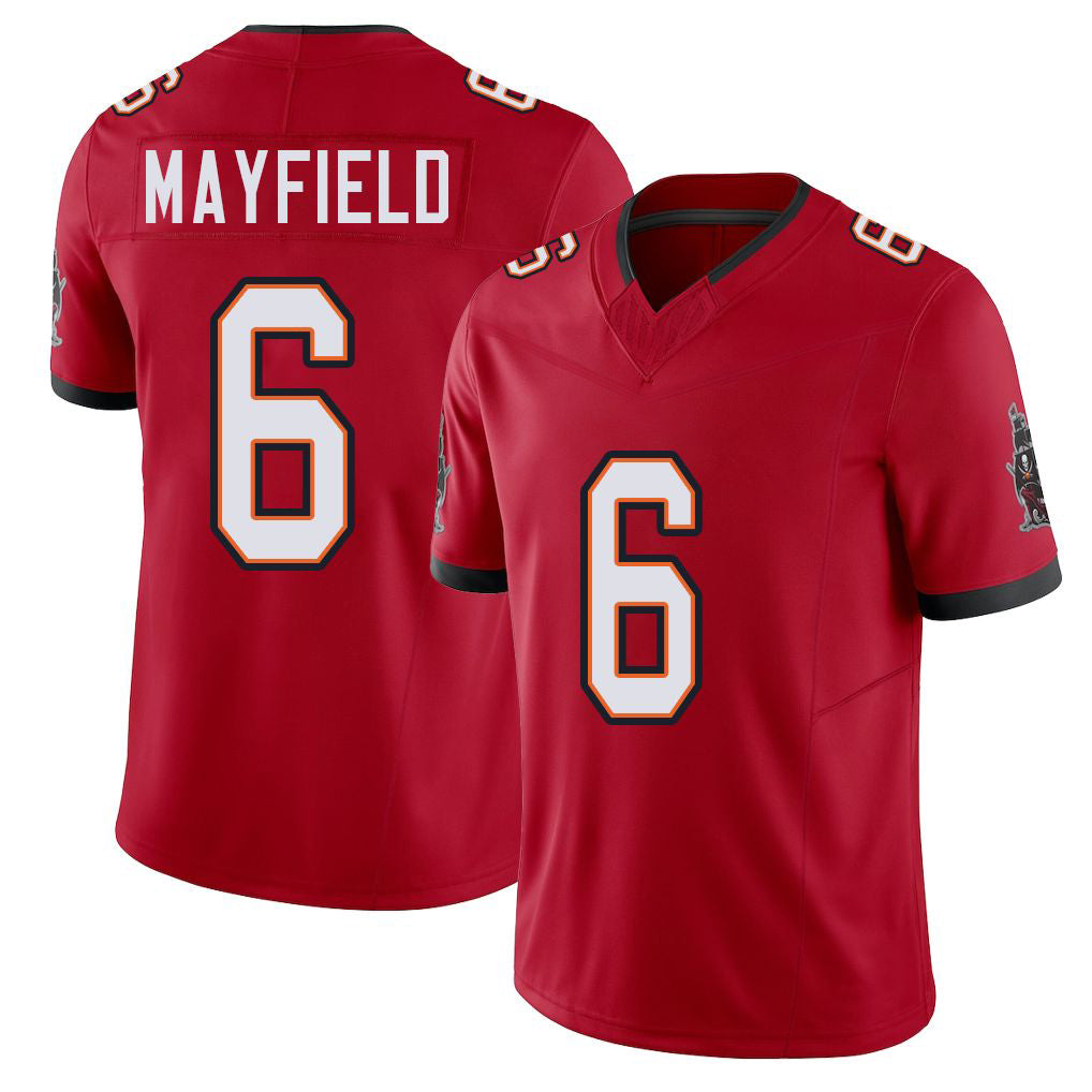 Tampa Bay #6 Mayfield Player Football V Neck Short Sleeve Red Jersey Baker For Men Youth Women Gift