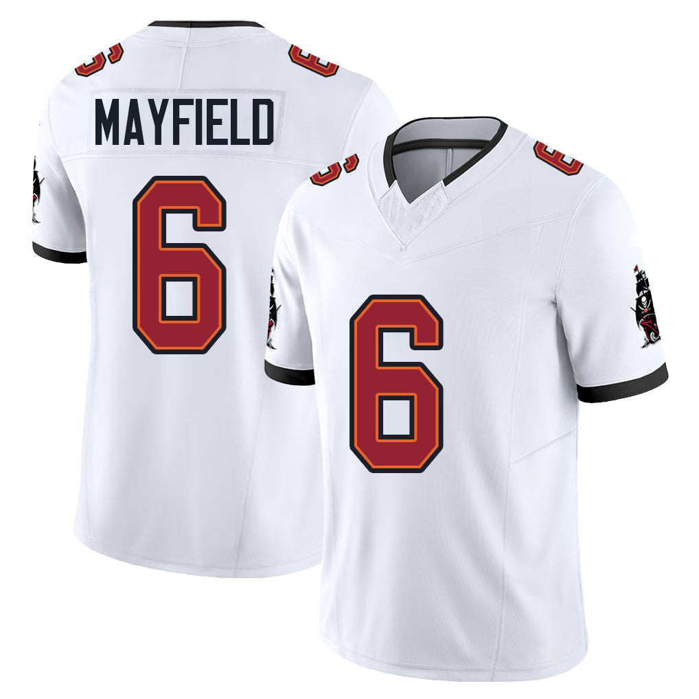 Tampa Bay #6 Mayfield Player Football V Neck Short Sleeve Jersey White Baker For Men Youth Women Gift