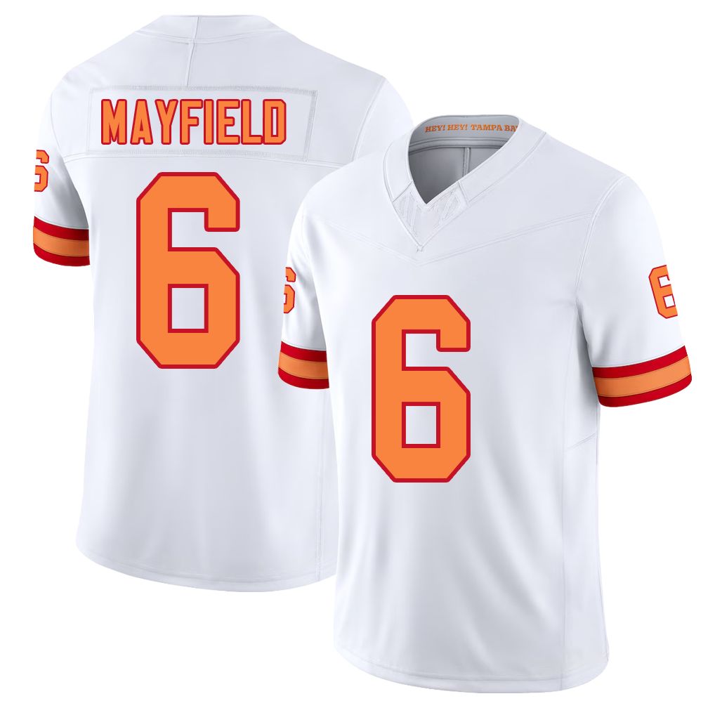 Tampa Bay #6 Mayfield Player Football V Neck Short Sleeve White Jersey Baker For Men Youth Women Gift