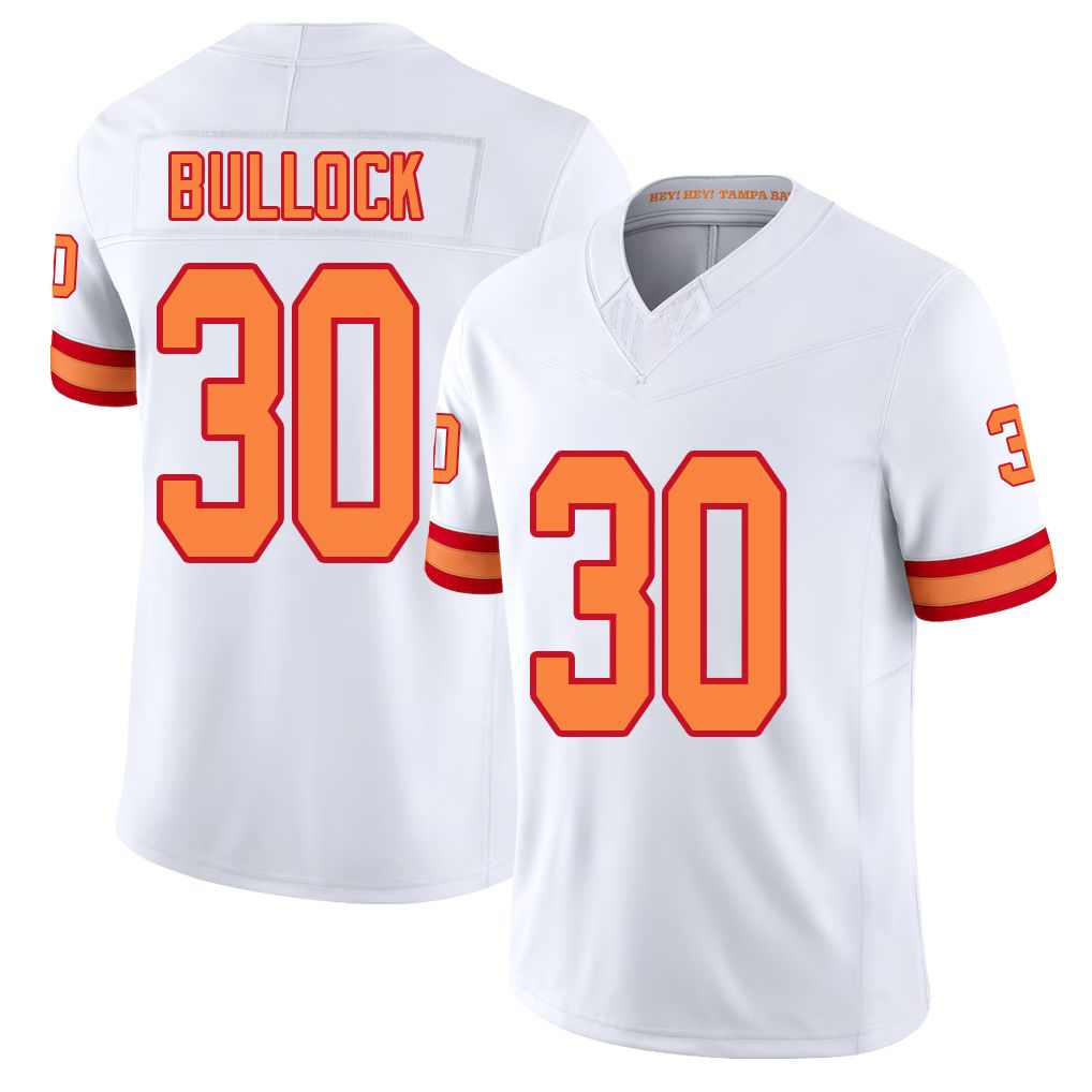Tampa Bay #30 Bullock Player Football V Neck Short Sleeve White Jersey John For Men Youth Women Gift