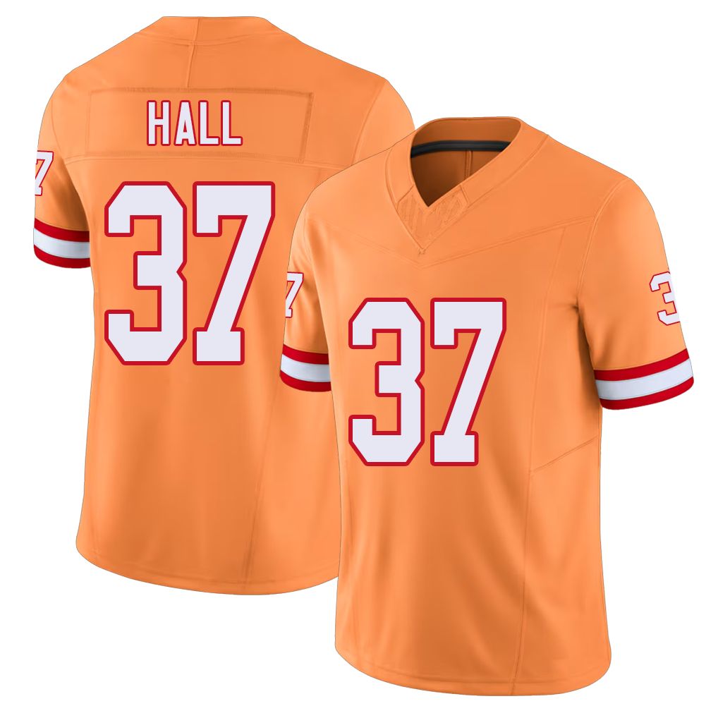 Tampa Bay #37 Hall Player Football V Neck Short Sleeve Orange Jersey Kemon For Men Youth Women Gift