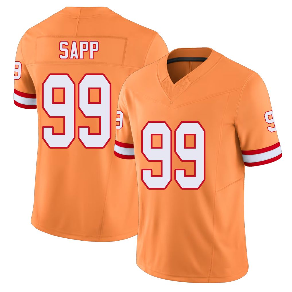 Tampa Bay #99 Sapp Player Football V Neck Short Sleeve Orange Jersey Warren For Men Youth Women Gift