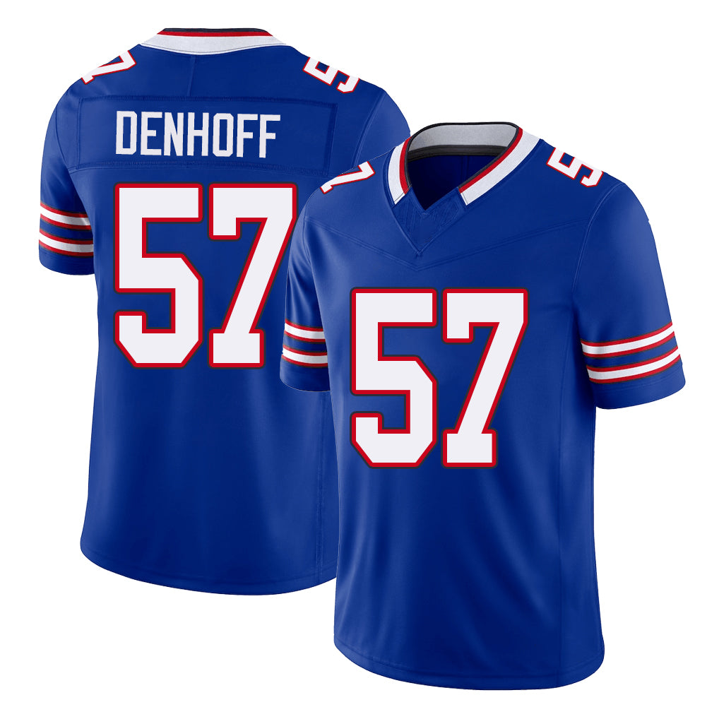 Buffalo #57 Denhoff Player Football V Neck Short Sleeve Royal Jersey Cade For Men Youth Women Gift