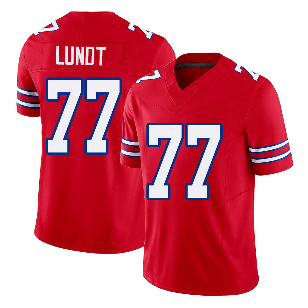 Buffalo #77 Lundt Player Football V Neck Short Sleeve Red Jersey Chase For Men Youth Women Gift