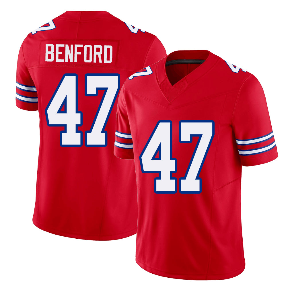 Buffalo #47 Benford Player Football V Neck Short Sleeve Red Jersey Christian For Men Youth Women Gift
