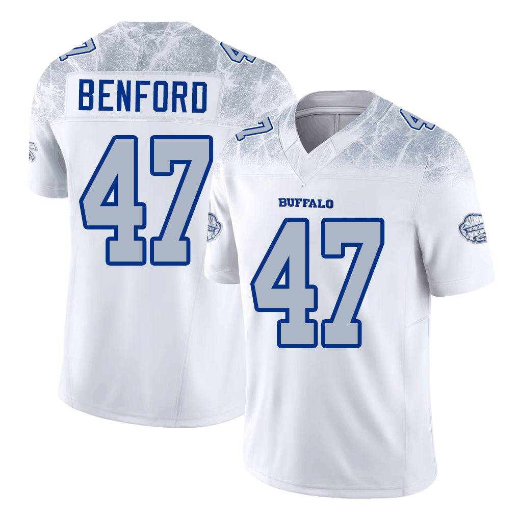Buffalo #47 Benford Player Football V Neck Short Sleeve White Jersey Christian For Men Youth Women Gift