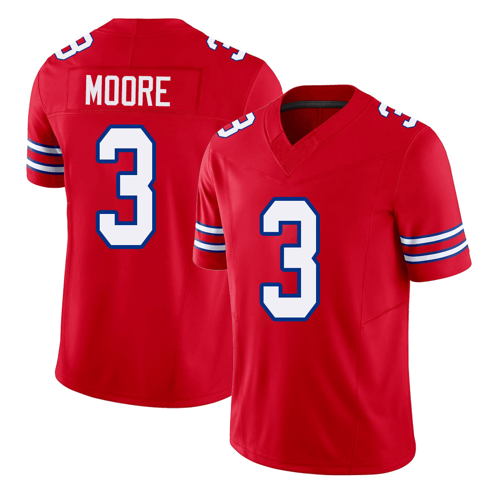 Buffalo #3 Moore Player Football V Neck Short Sleeve Red Jersey DJ For Men Youth Women Gift