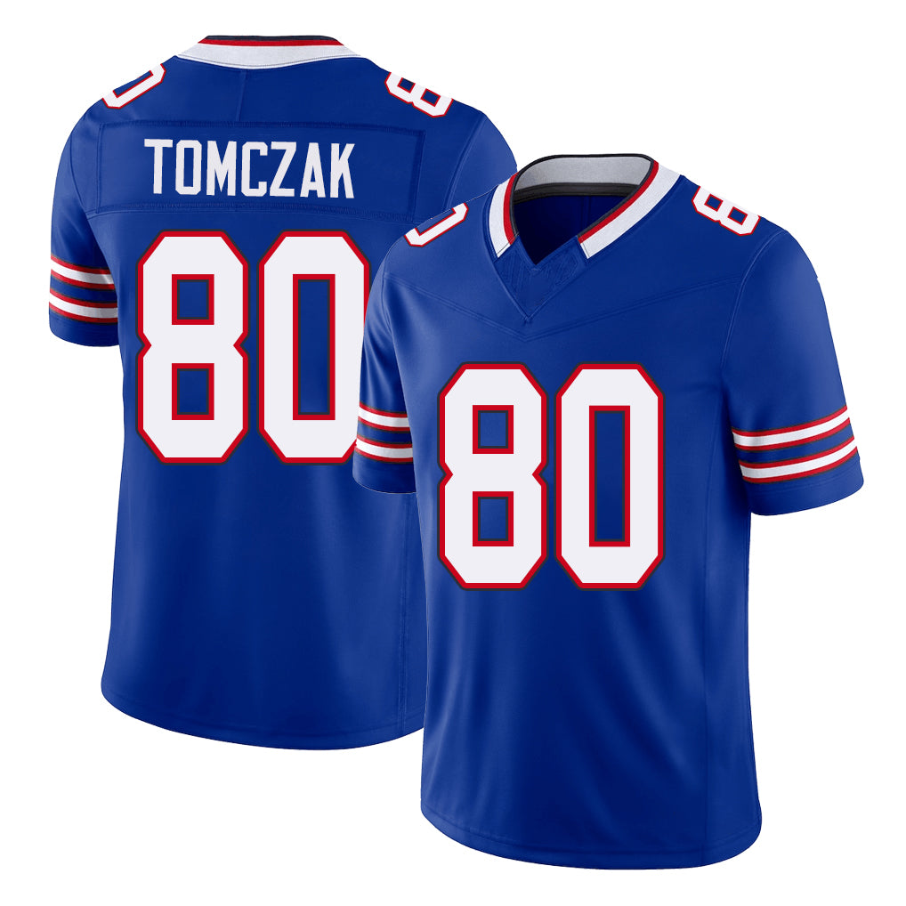 Buffalo #80 Tomczak Player Football V Neck Short Sleeve Royal Jersey Max For Men Youth Women Gift
