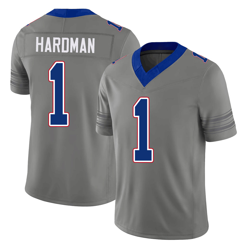 Buffalo #1 Hardman Player Football V Neck Short Sleeve Gray Jersey Mecole For Men Youth Women Gift