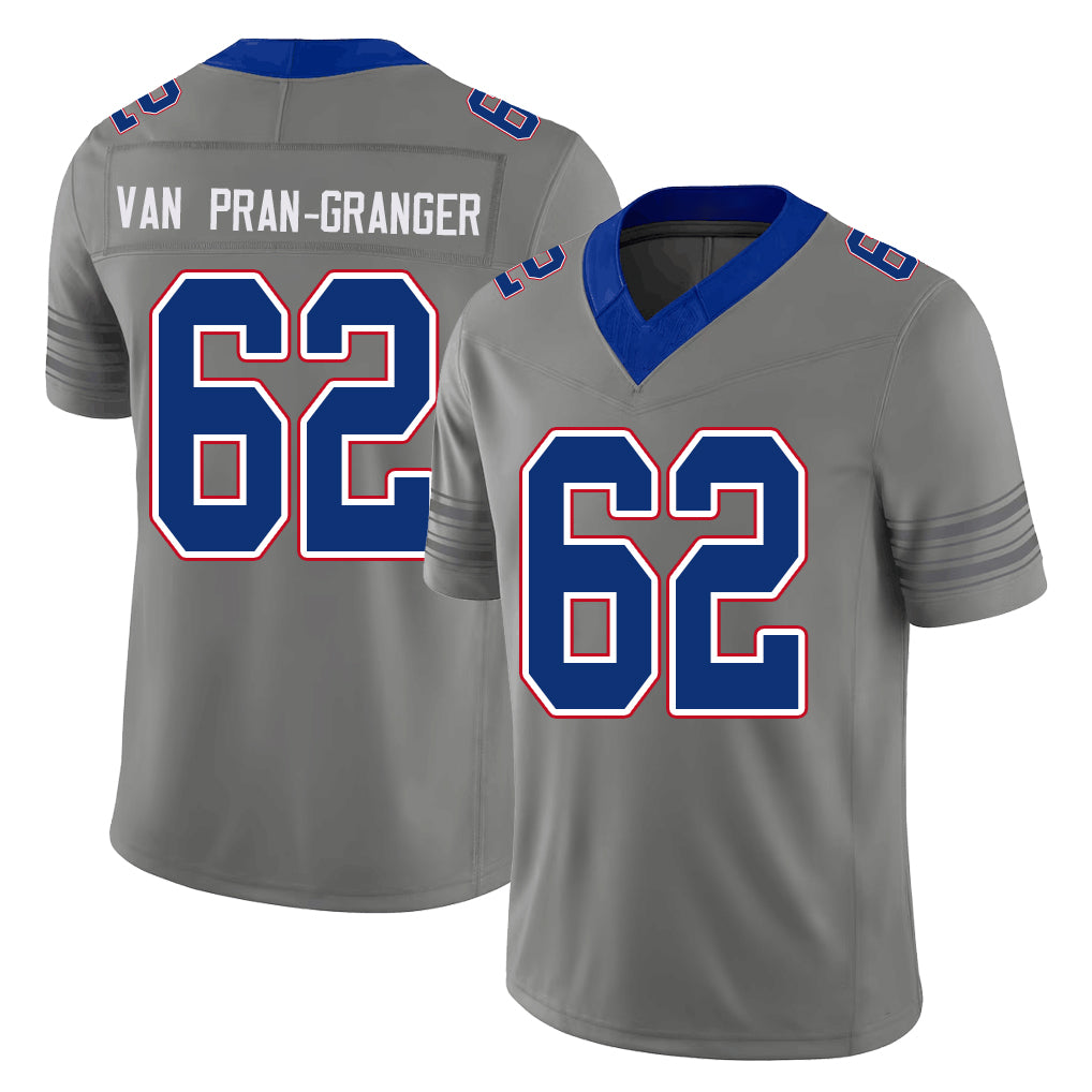 Buffalo #62 Van Pran-Granger Player Football V Neck Short Sleeve Gray Jersey Sedrick For Men Youth Women Gift