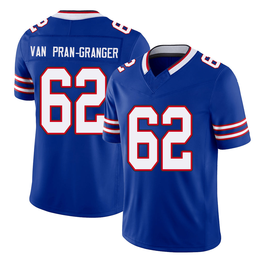 Buffalo #62 Van Pran-Granger Player Football V Neck Short Sleeve Royal Jersey Sedrick For Men Youth Women Gift