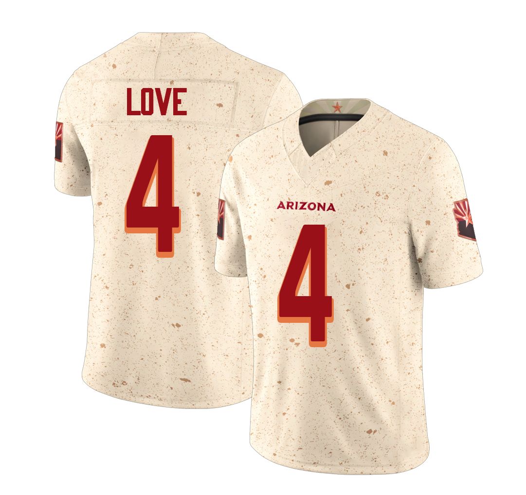 Arizona #4 Jeremiyah Player Football V Neck Short Sleeve Natural Rivalries Jersey Love For Men Youth Women Gift