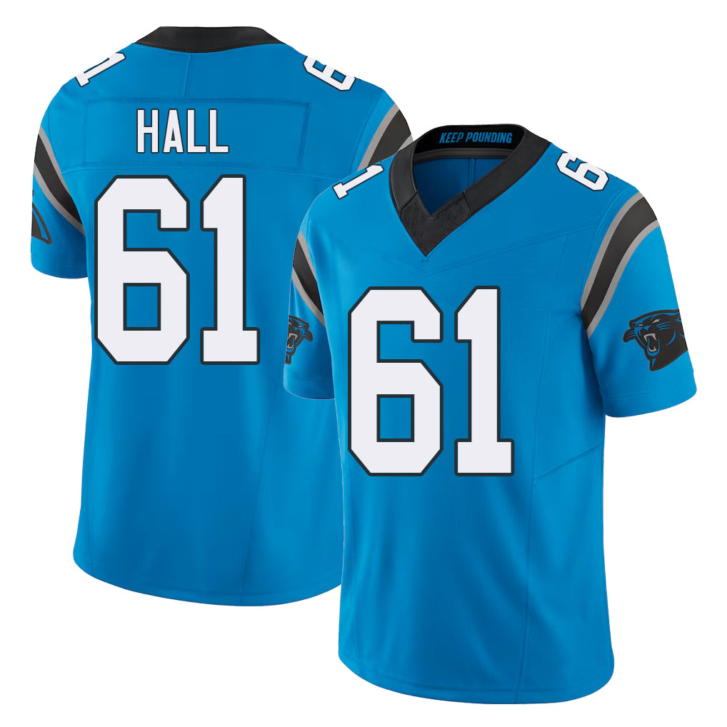 Carolina #61 Hall Player Football V Neck Short Sleeve Blue Jersey Aaron For Men Youth Women Gift
