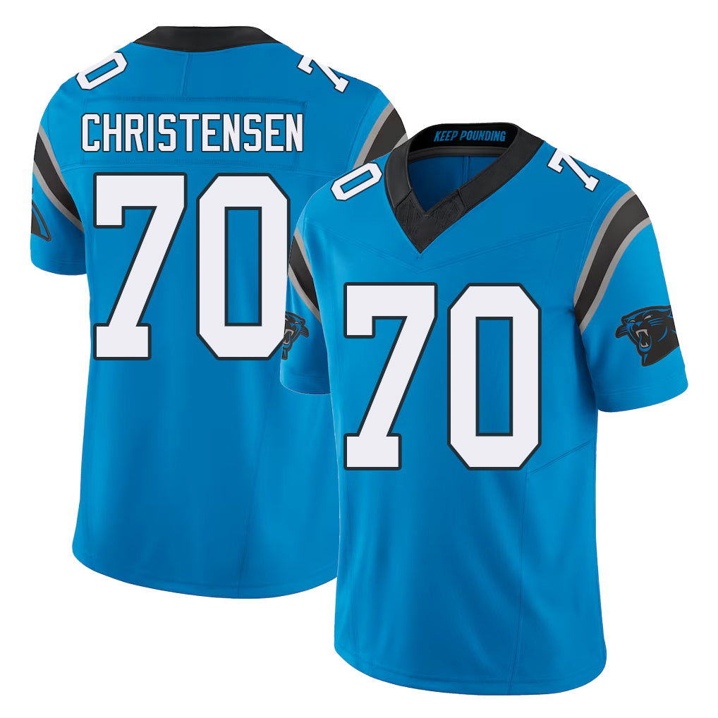 Carolina #70 Christensen Player Football V Neck Short Sleeve Blue Jersey Brady For Men Youth Women Gift