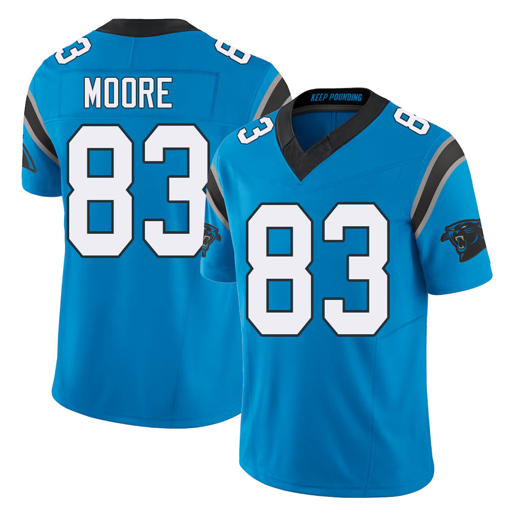 Carolina #83 Moore Player Football V Neck Short Sleeve Blue Jersey David For Men Youth Women Gift