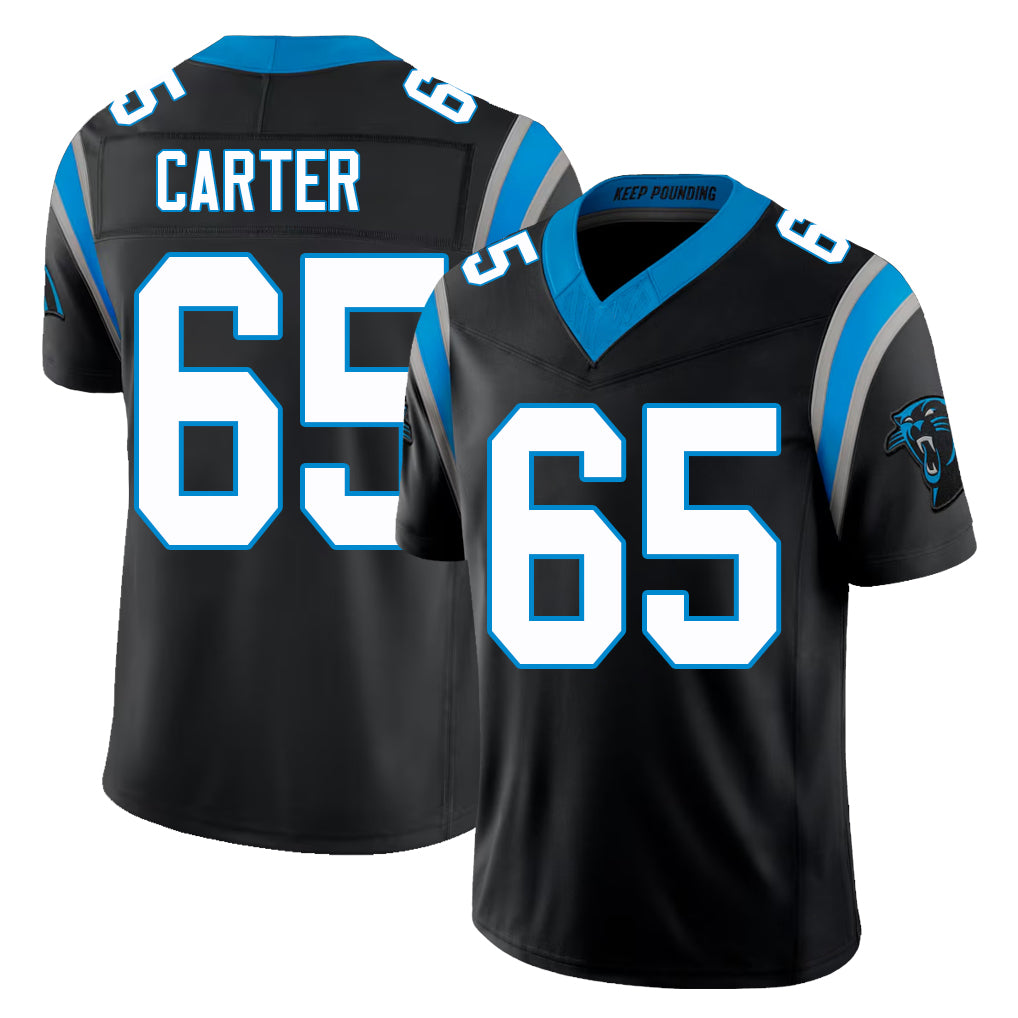 Carolina #65 Carter Player Football V Neck Short Sleeve Black Jersey Ja'Tyre For Men Youth Women Gift
