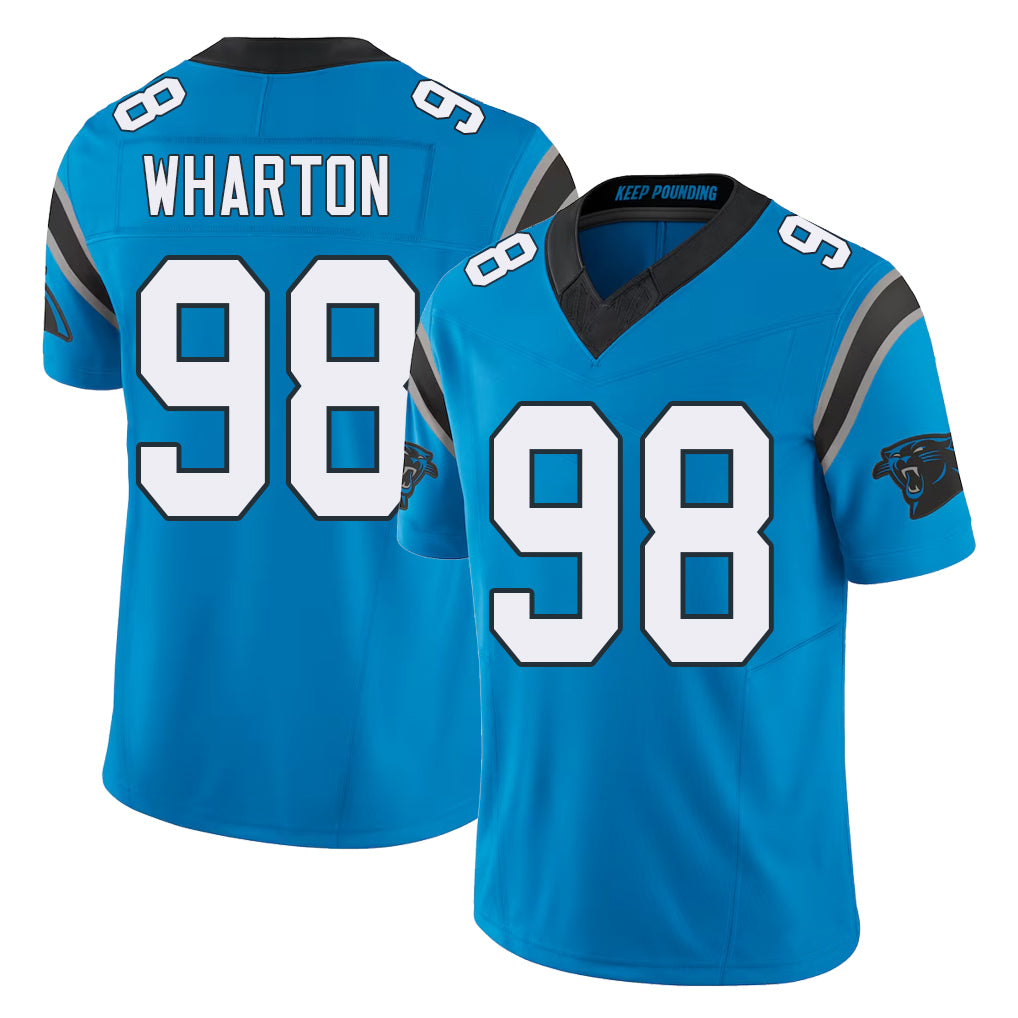 Carolina #98 Wharton Player Football V Neck Short Sleeve Blue Jersey Tershawn For Men Youth Women Gift