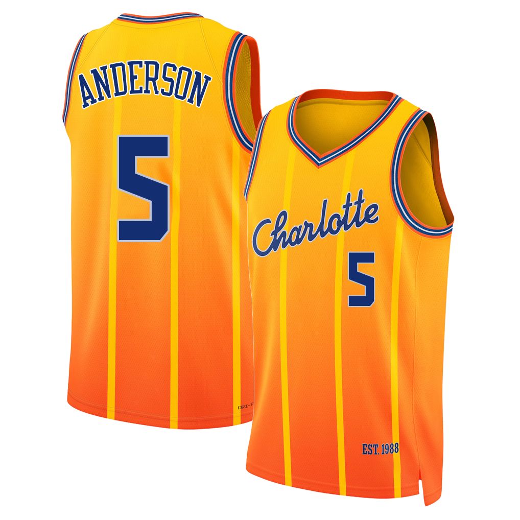 Charlotte #5 Anderson Player Basketball Sleeveless Yellow Jersey Christian For Adult Youth