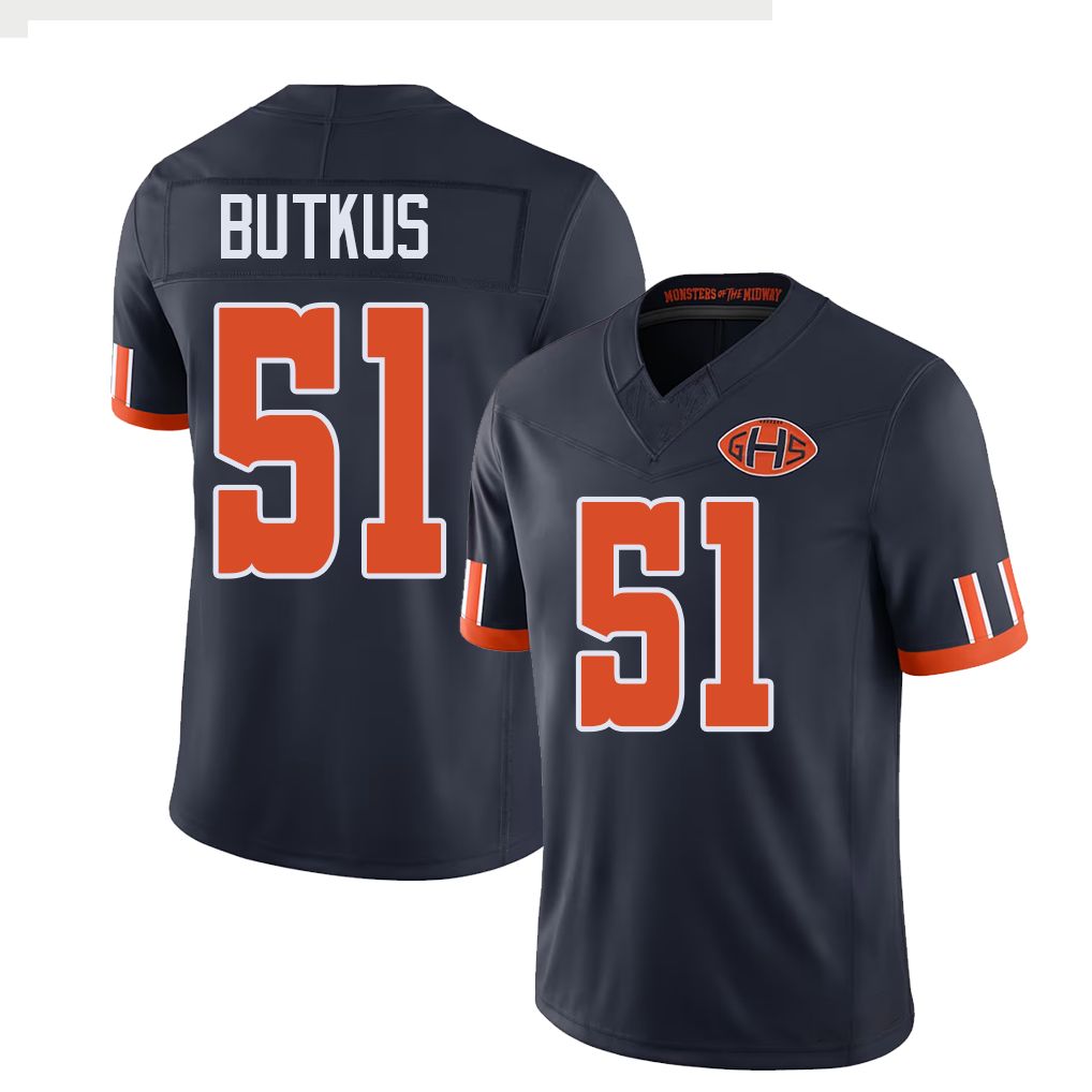 Chicago #51 Butkus Football V Neck Short Sleeve Navy Jersey Dick For Men Youth Women Gift